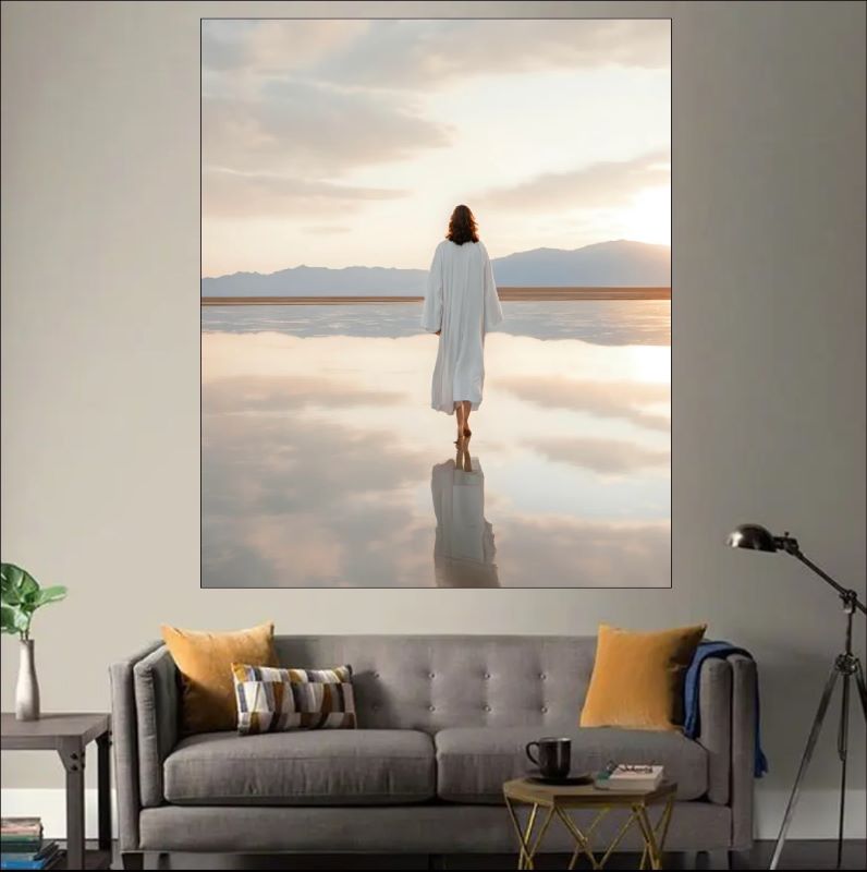 Painting of a figure in white robes walking on a reflective water surface under a soft pastel sky, spiritual Christian wall art style.