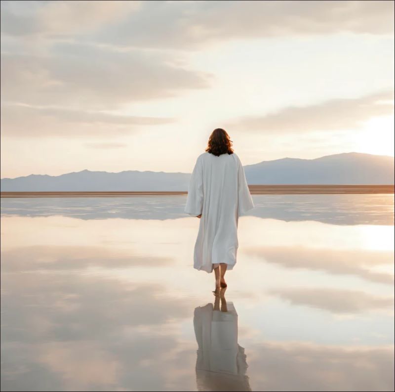 Painting of a figure in white robes walking on a reflective water surface under a soft pastel sky, spiritual Christian wall art style.