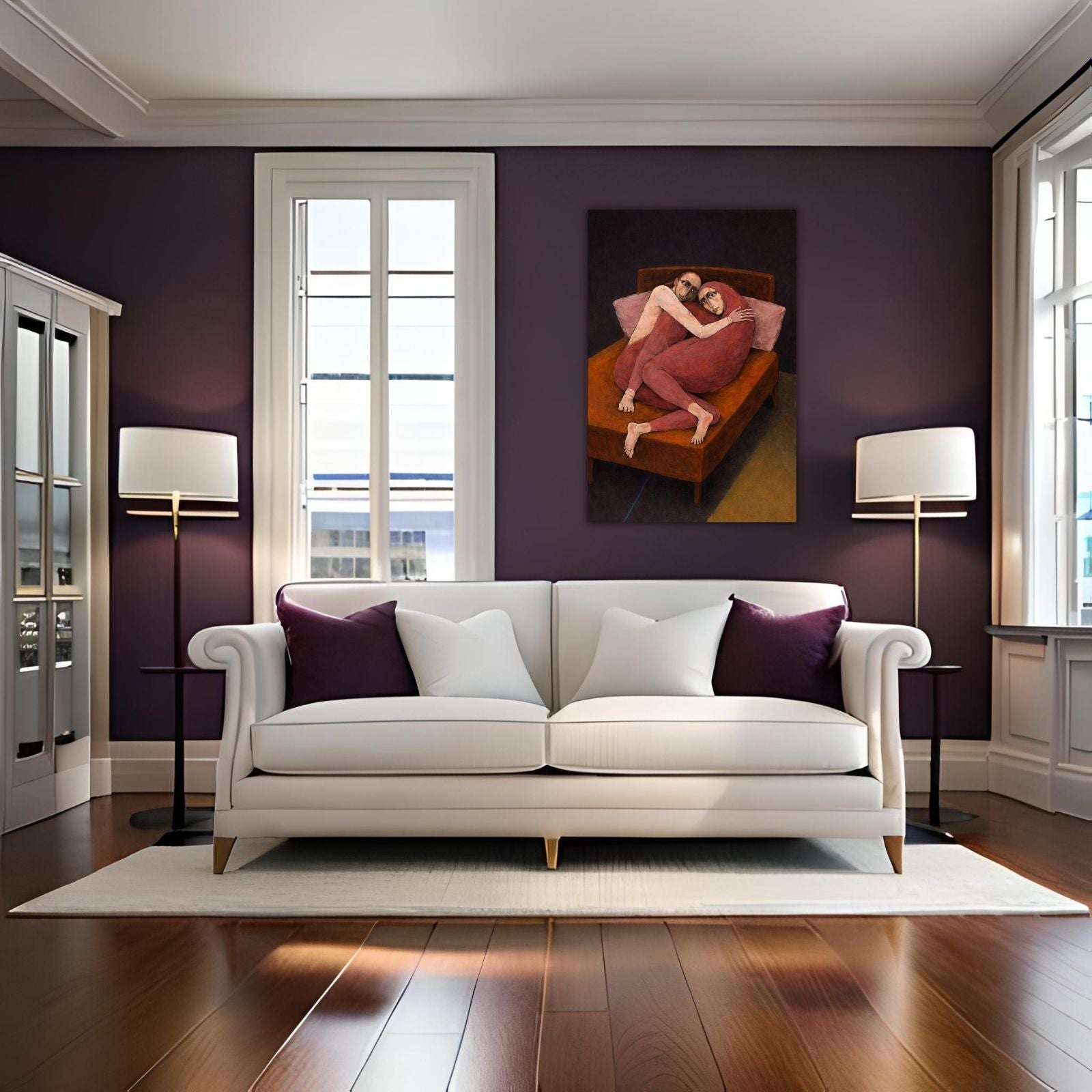 A modern figurative painting of two people with stylized features and long limbs resting together on a bed, featuring deep red and brown tones.