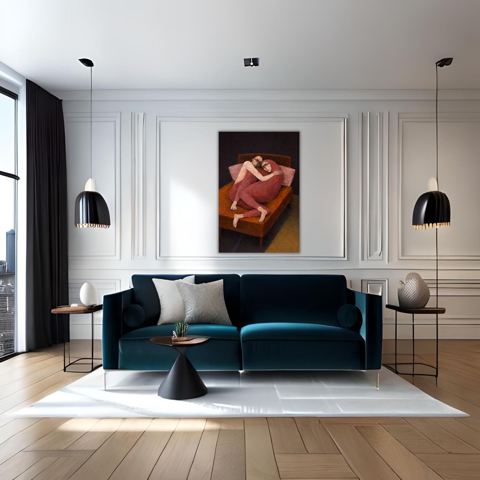 A modern figurative painting of two people with stylized features and long limbs resting together on a bed, featuring deep red and brown tones.