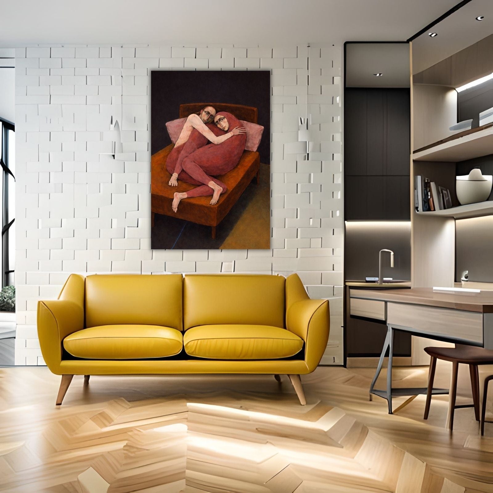 A modern figurative painting of two people with stylized features and long limbs resting together on a bed, featuring deep red and brown tones.