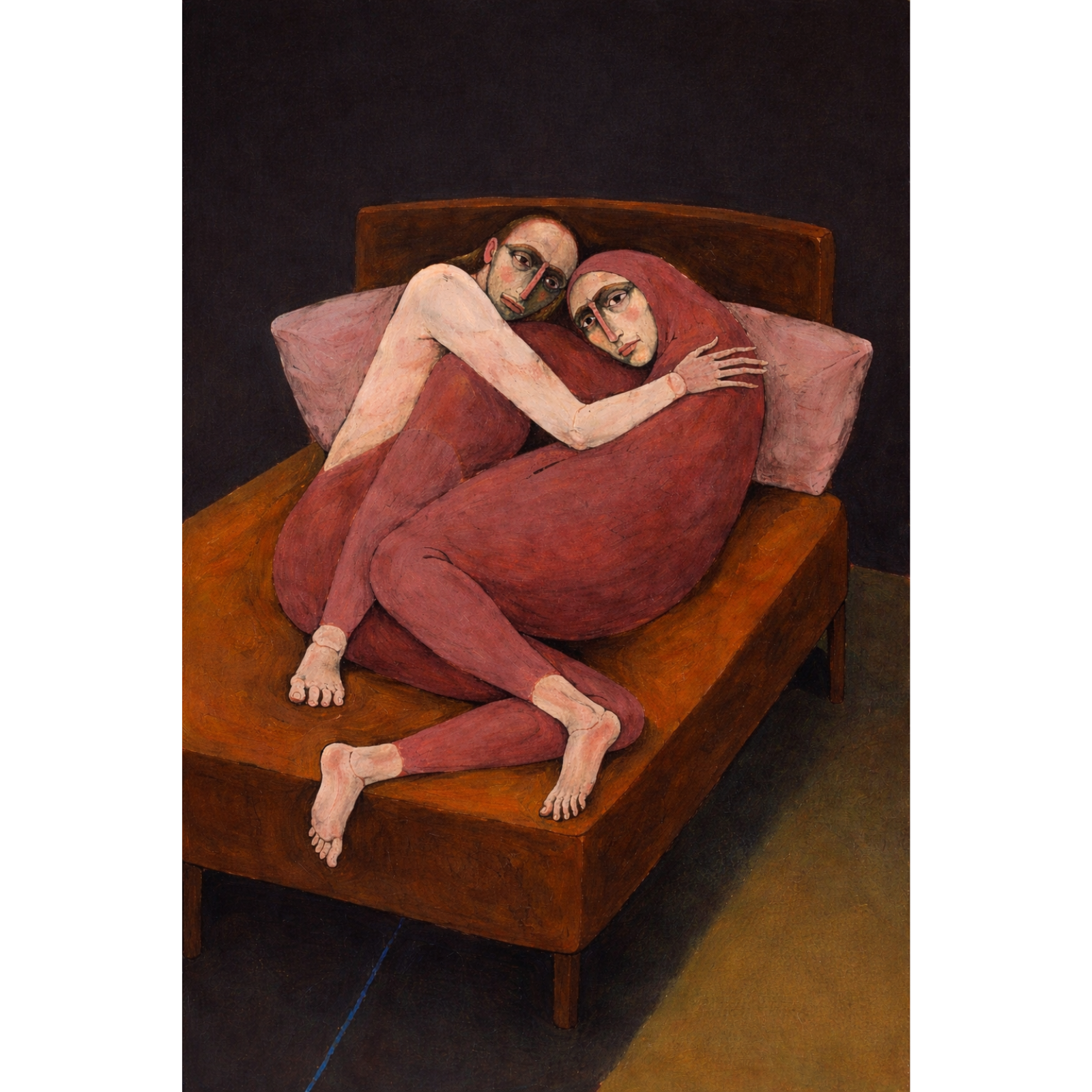 A modern figurative painting of two people with stylized features and long limbs resting together on a bed, featuring deep red and brown tones.