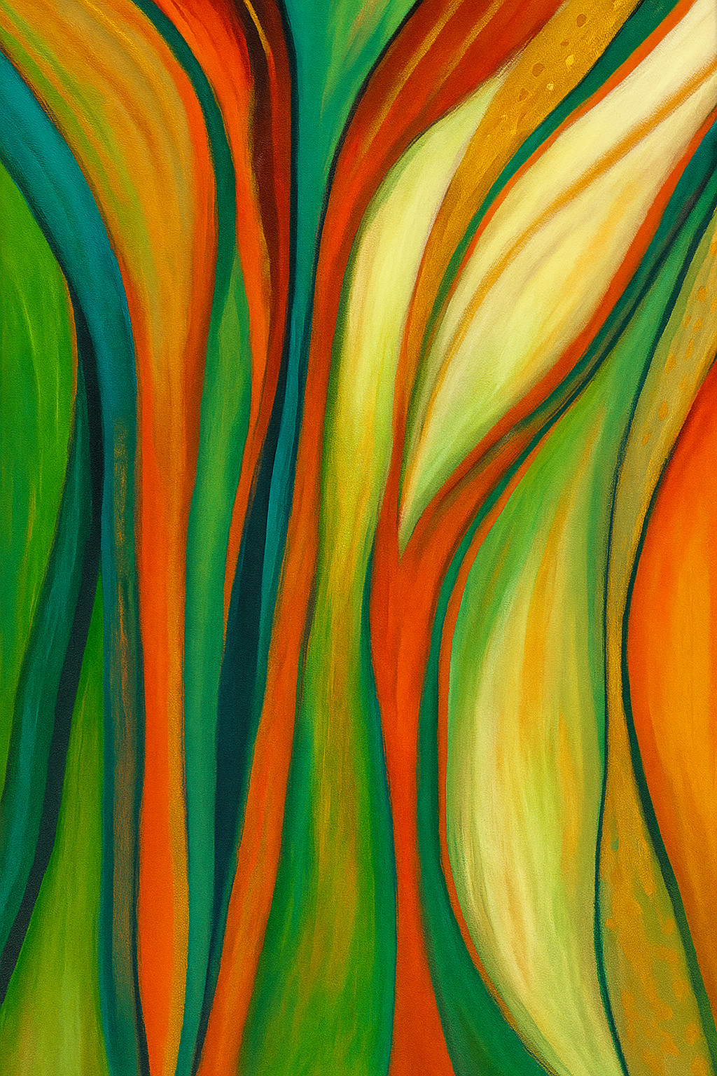 Vibrant abstract modern wall art featuring flowing organic lines in emerald green, bright orange, and golden yellow, perfect for contemporary home decor.