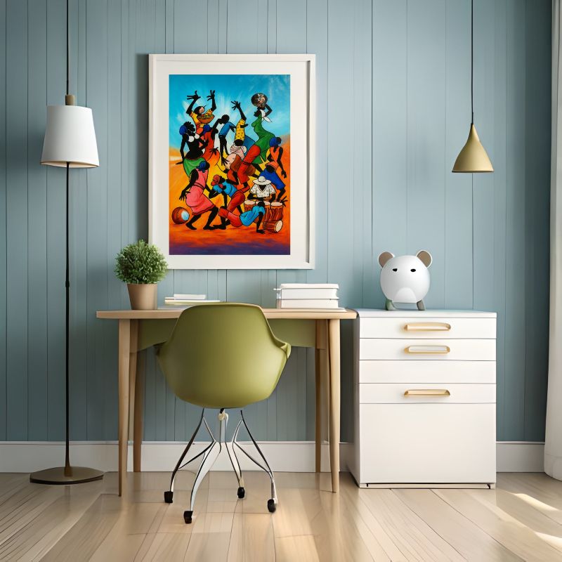 Modern office setup with a Colorful Tingatinga style painting of African silhouettes dancing and playing drums against a blue and orange sunset background, vibrant cultural wall art.