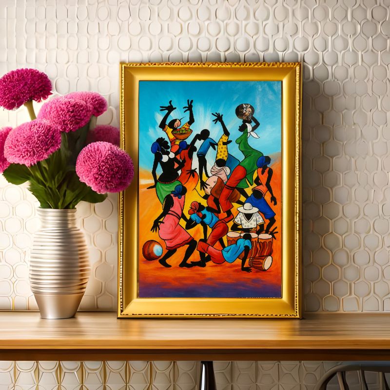 Colorful Tingatinga style painting of African silhouettes dancing and playing drums against a blue and orange sunset background, vibrant cultural wall art.