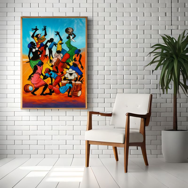 Colorful Tingatinga style painting of African silhouettes dancing and playing drums against a blue and orange sunset background, vibrant cultural wall art.