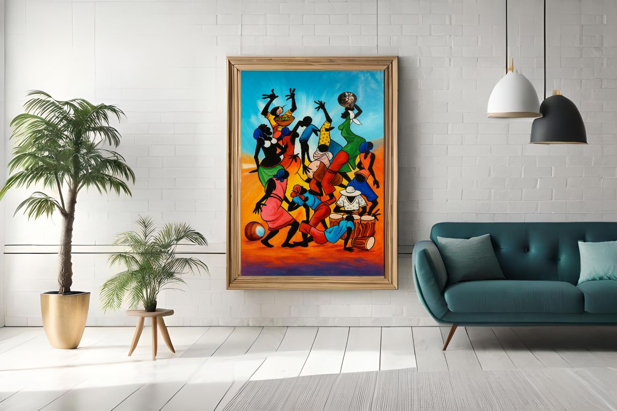 Colorful Tingatinga style painting of African silhouettes dancing and playing drums against a blue and orange sunset background, vibrant cultural wall art.