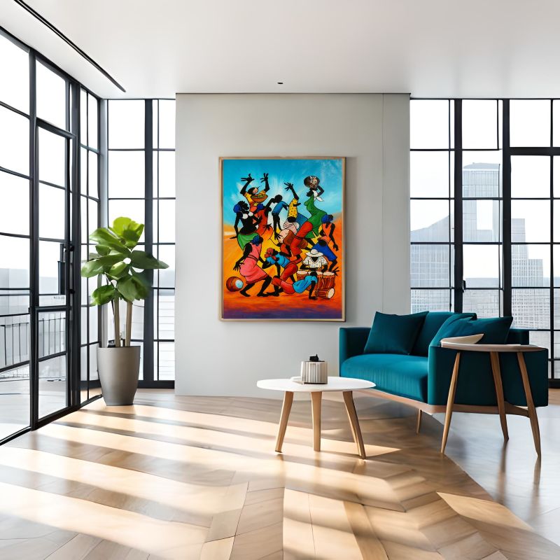 Colorful Tingatinga style painting of African silhouettes dancing and playing drums against a blue and orange sunset background, vibrant cultural wall art.
