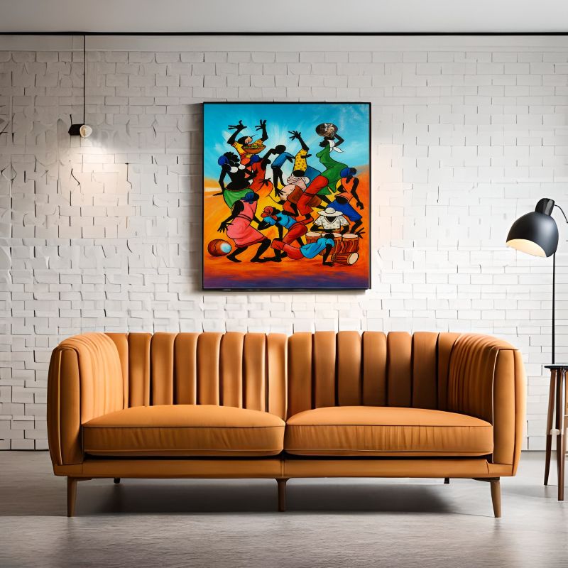 Colorful Tingatinga style painting of African silhouettes dancing and playing drums against a blue and orange sunset background, vibrant cultural wall art.