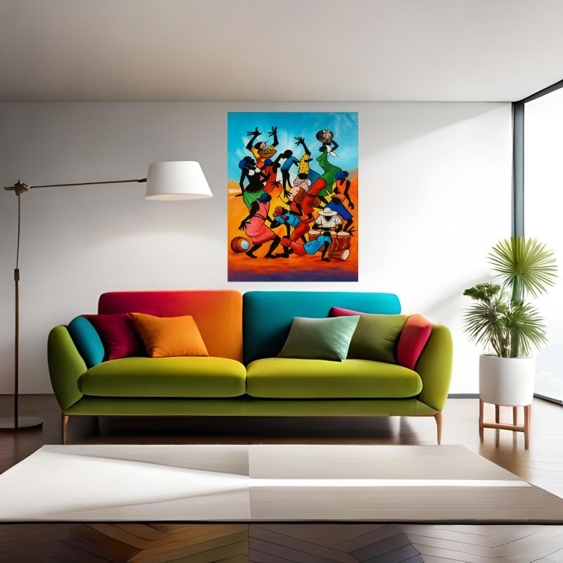 Colorful Tingatinga style painting of African silhouettes dancing and playing drums against a blue and orange sunset background, vibrant cultural wall art.