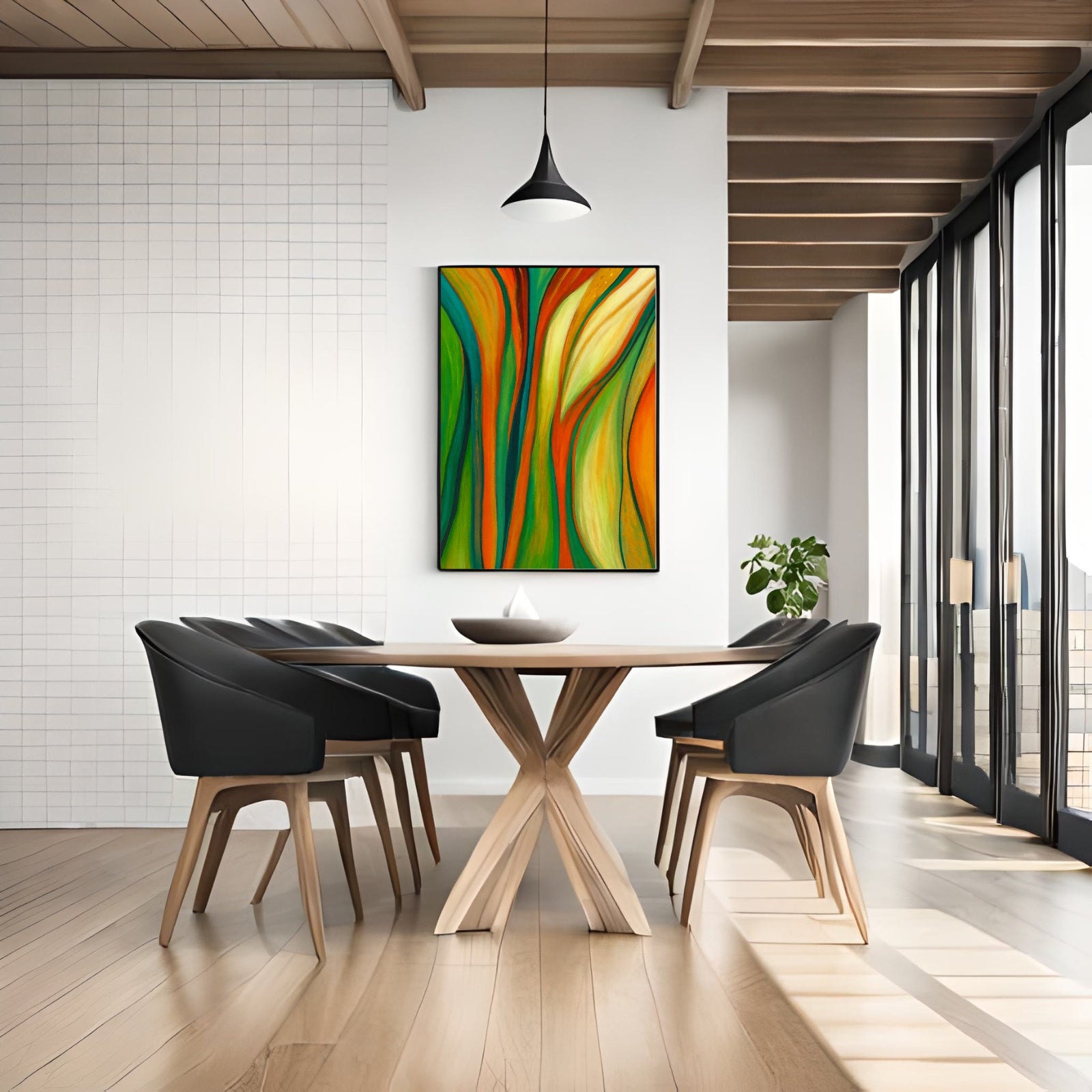 Vibrant abstract modern wall art featuring flowing organic lines in emerald green, bright orange, and golden yellow, perfect for contemporary home decor.