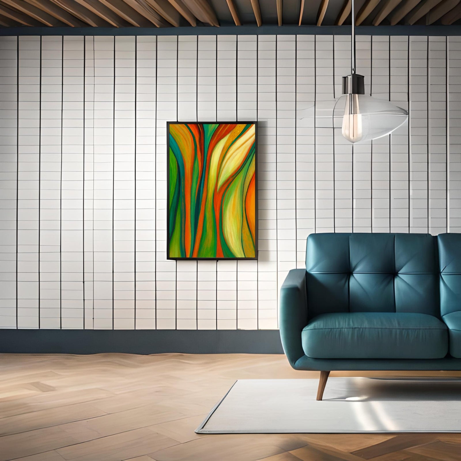 Vibrant abstract modern wall art featuring flowing organic lines in emerald green, bright orange, and golden yellow, perfect for contemporary home decor.