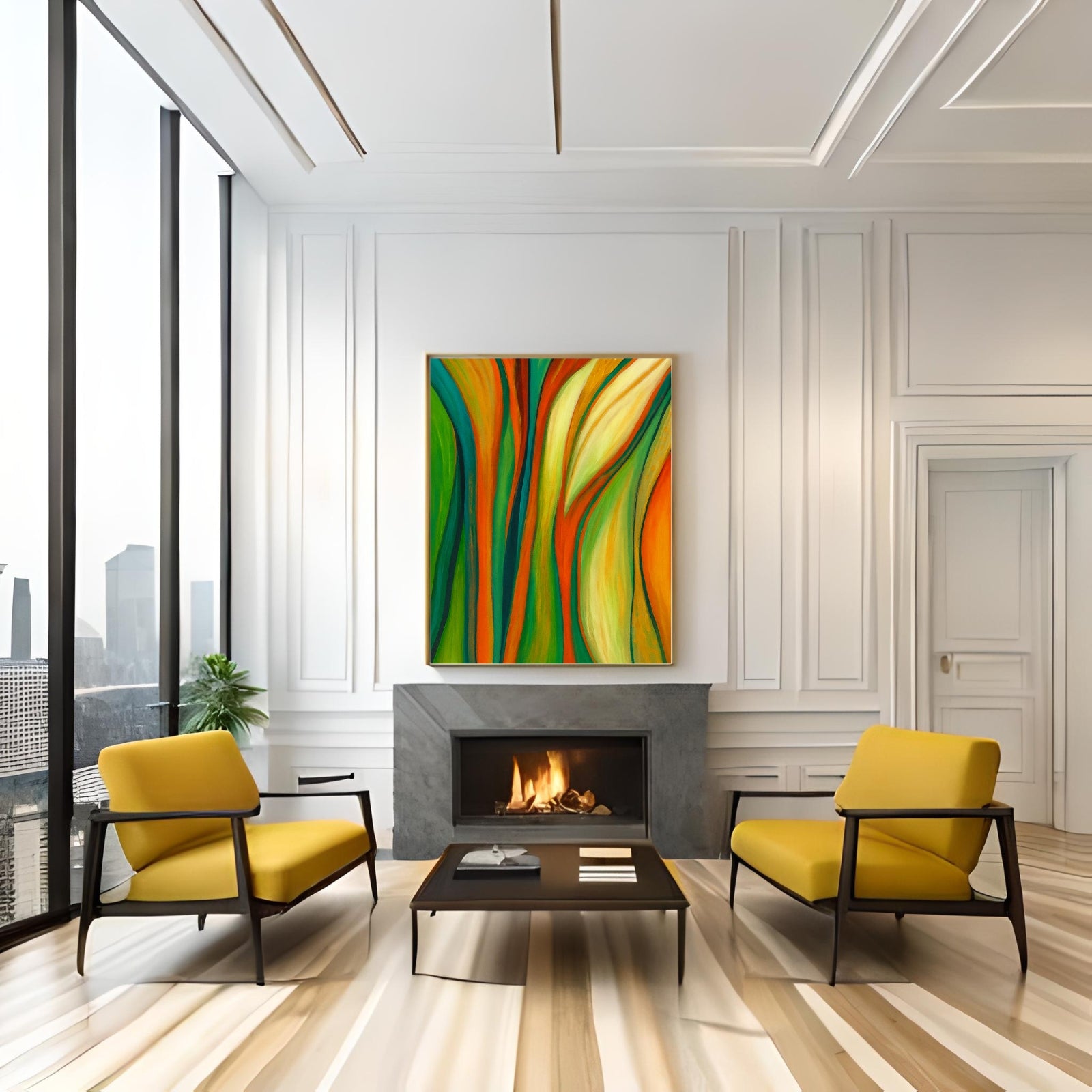 Vibrant abstract modern wall art featuring flowing organic lines in emerald green, bright orange, and golden yellow, perfect for contemporary home decor.