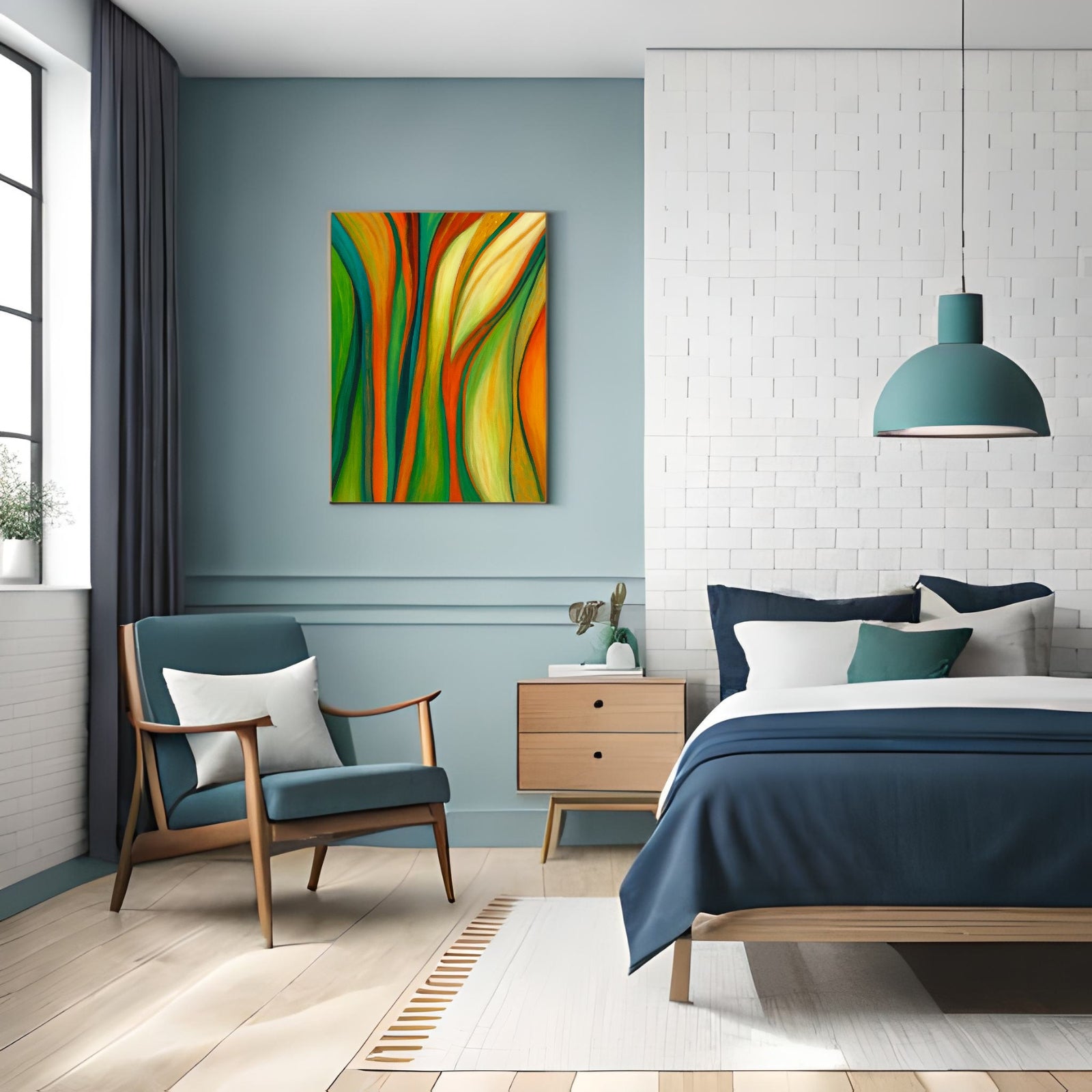 Vibrant abstract modern wall art featuring flowing organic lines in emerald green, bright orange, and golden yellow, perfect for contemporary home decor.