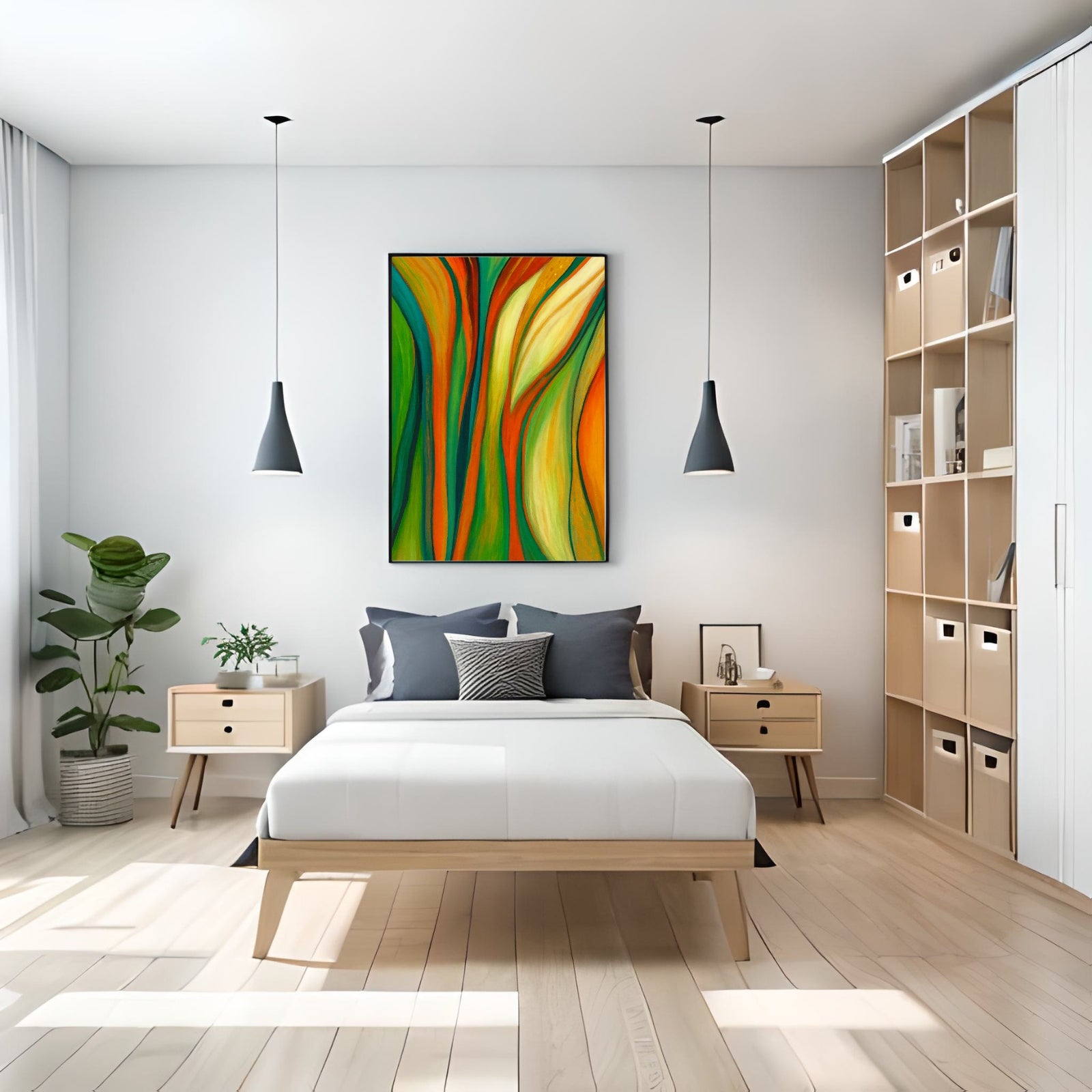 Vibrant abstract modern wall art featuring flowing organic lines in emerald green, bright orange, and golden yellow, perfect for contemporary home decor.