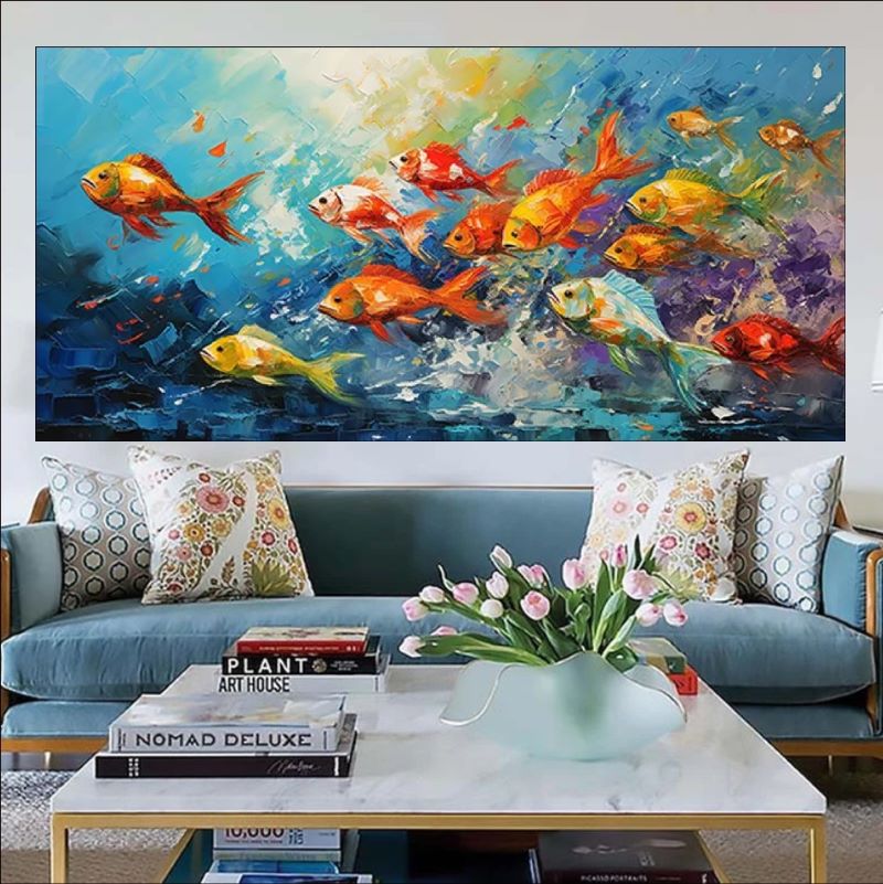 Impressionist oil painting of a colorful school of orange, yellow, and red fish swimming through turbulent blue and purple water, vibrant aquatic wall art.