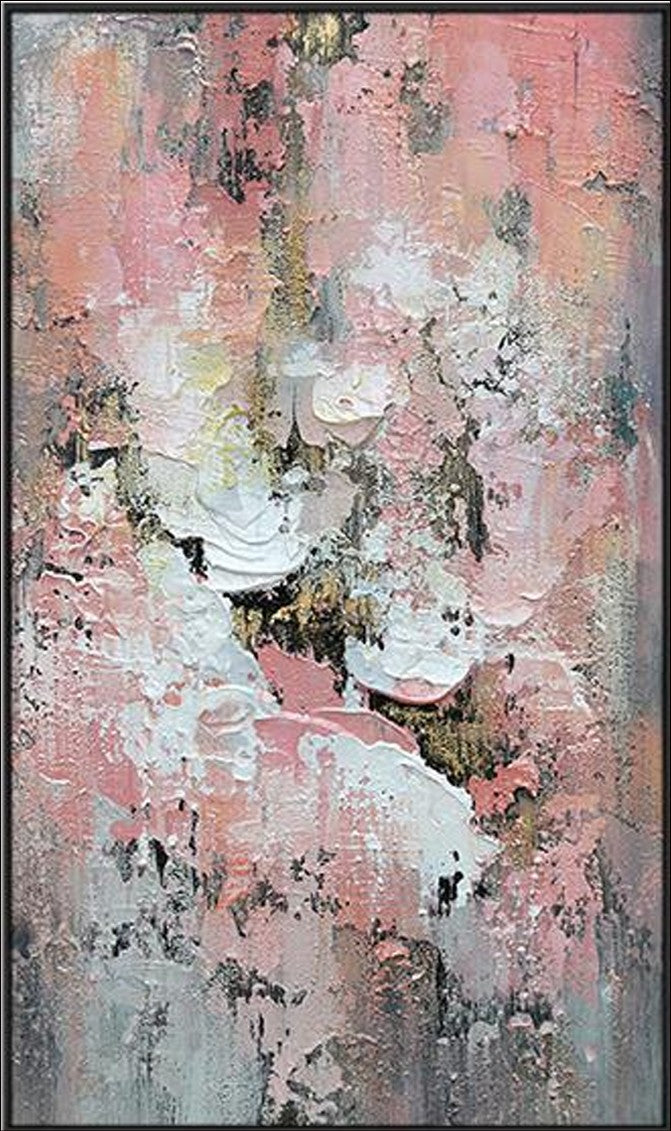 Abstract painting with delicate pink, white, and neutral textures, featuring soft pastel tones and intricate layers for a modern and elegant aesthetic.