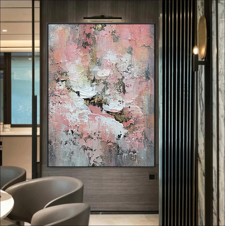 Abstract painting with delicate pink, white, and neutral textures, featuring soft pastel tones and intricate layers for a modern and elegant aesthetic.