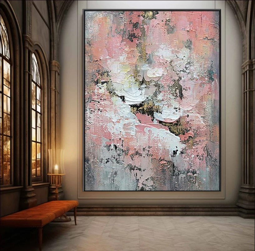 Abstract painting with delicate pink, white, and neutral textures, featuring soft pastel tones and intricate layers for a modern and elegant aesthetic.