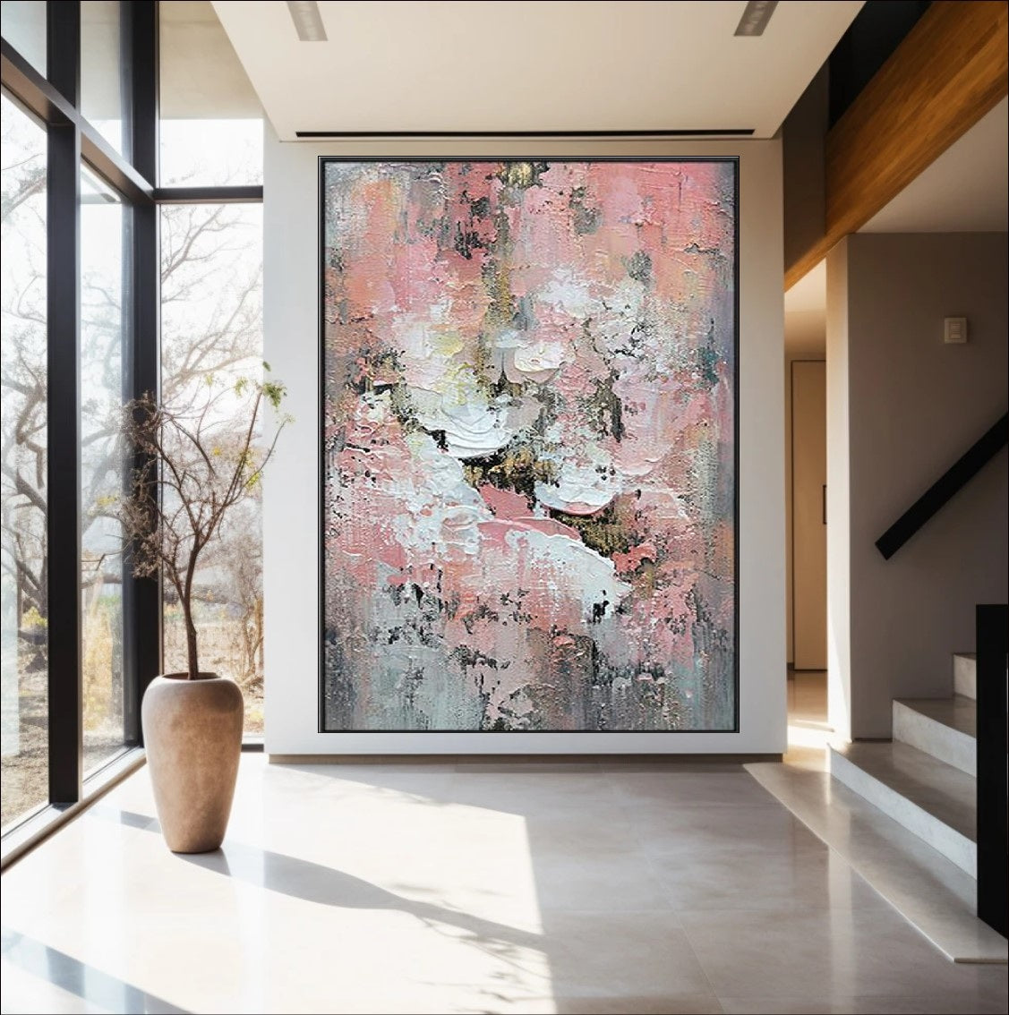 Abstract painting with delicate pink, white, and neutral textures, featuring soft pastel tones and intricate layers for a modern and elegant aesthetic.