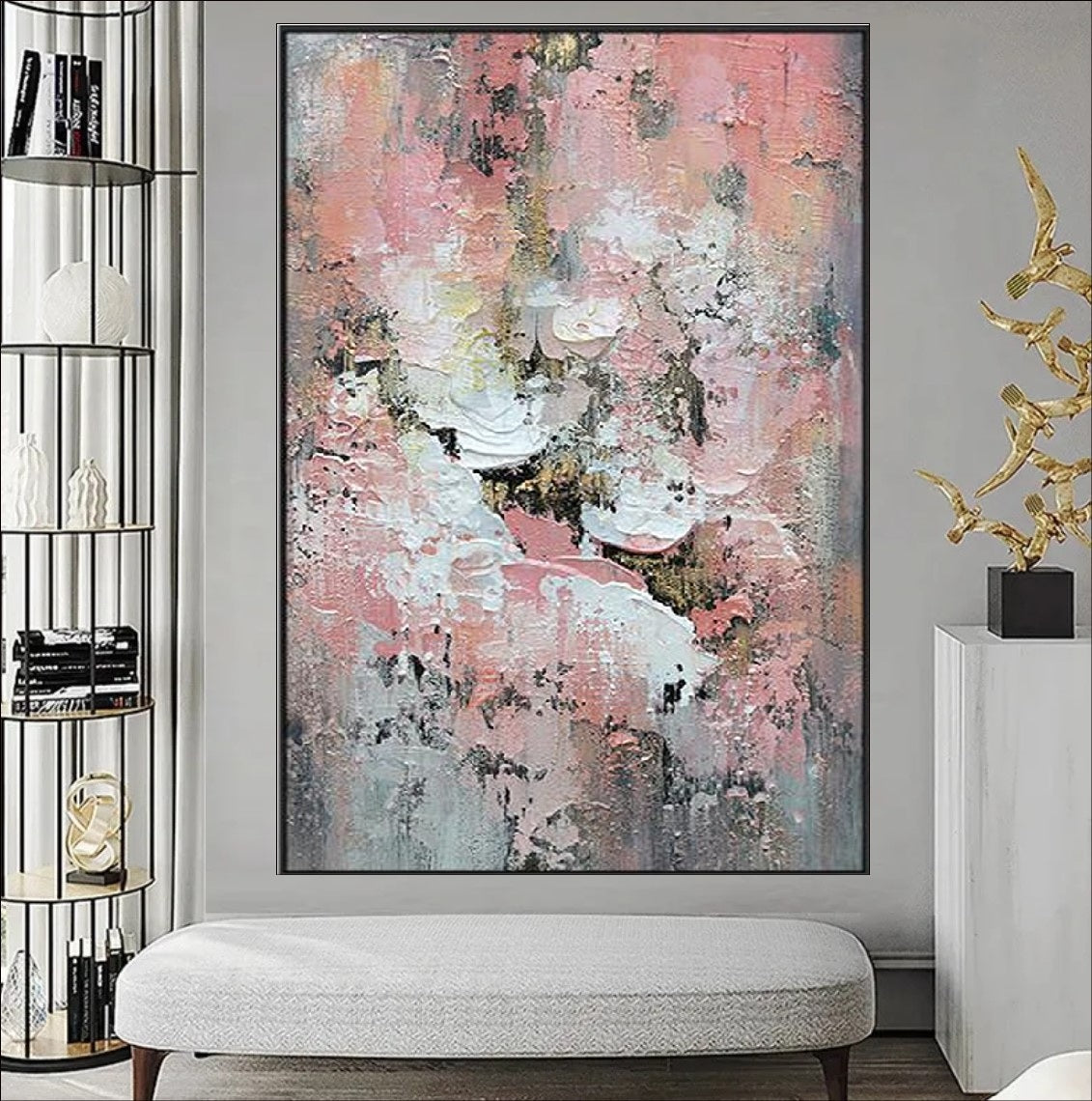 Abstract painting with delicate pink, white, and neutral textures, featuring soft pastel tones and intricate layers for a modern and elegant aesthetic.