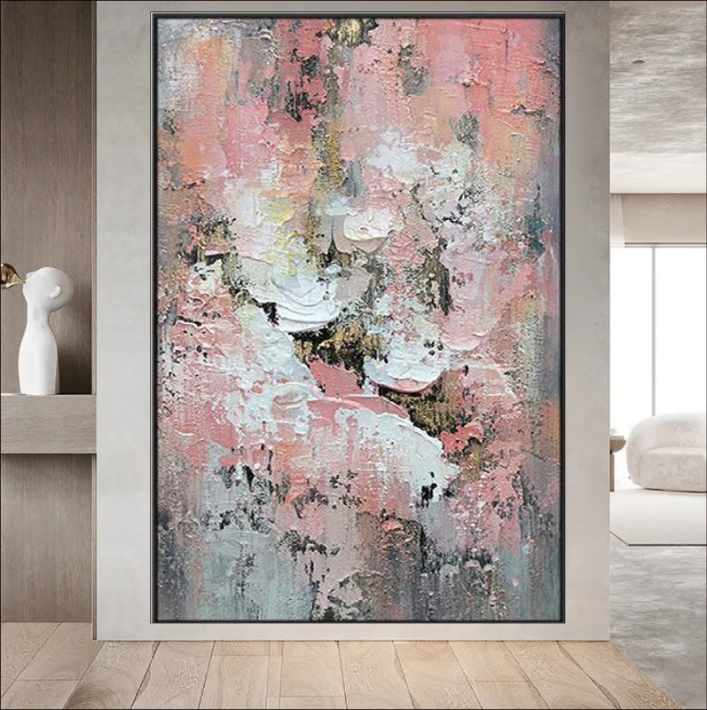 Abstract painting with delicate pink, white, and neutral textures, featuring soft pastel tones and intricate layers for a modern and elegant aesthetic.