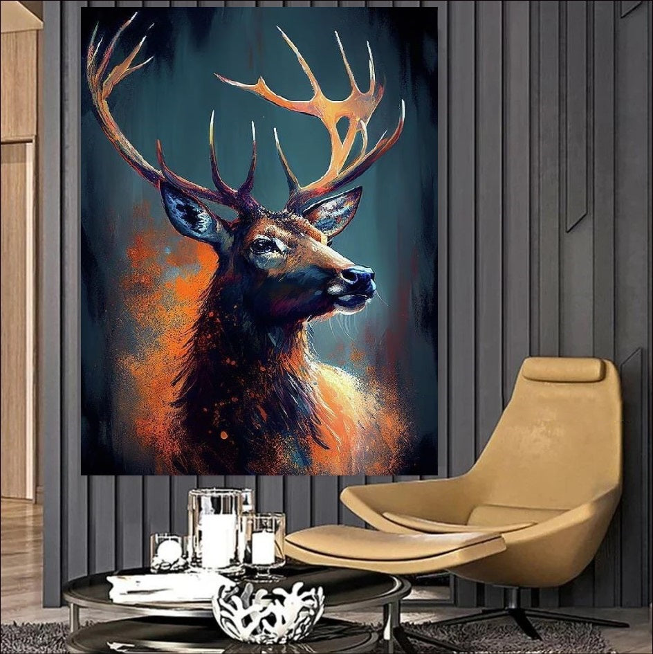 Modern painting of a majestic stag with large antlers featuring glowing orange highlights against a dark navy blue background, wildlife wall art.