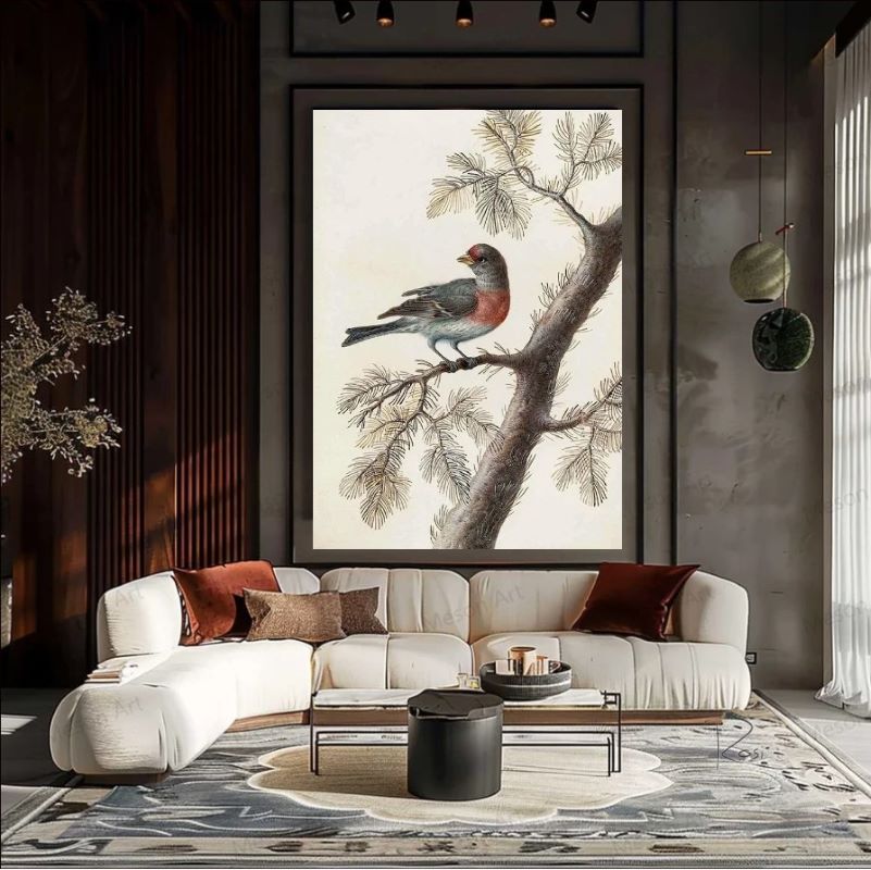 Vintage style painting of a red-breasted bird perched on a pine branch with needles against a neutral beige background, rustic wildlife wall art.