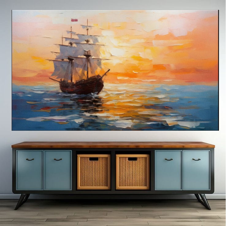 Sailing Ship in the Sea at Sunset Painting