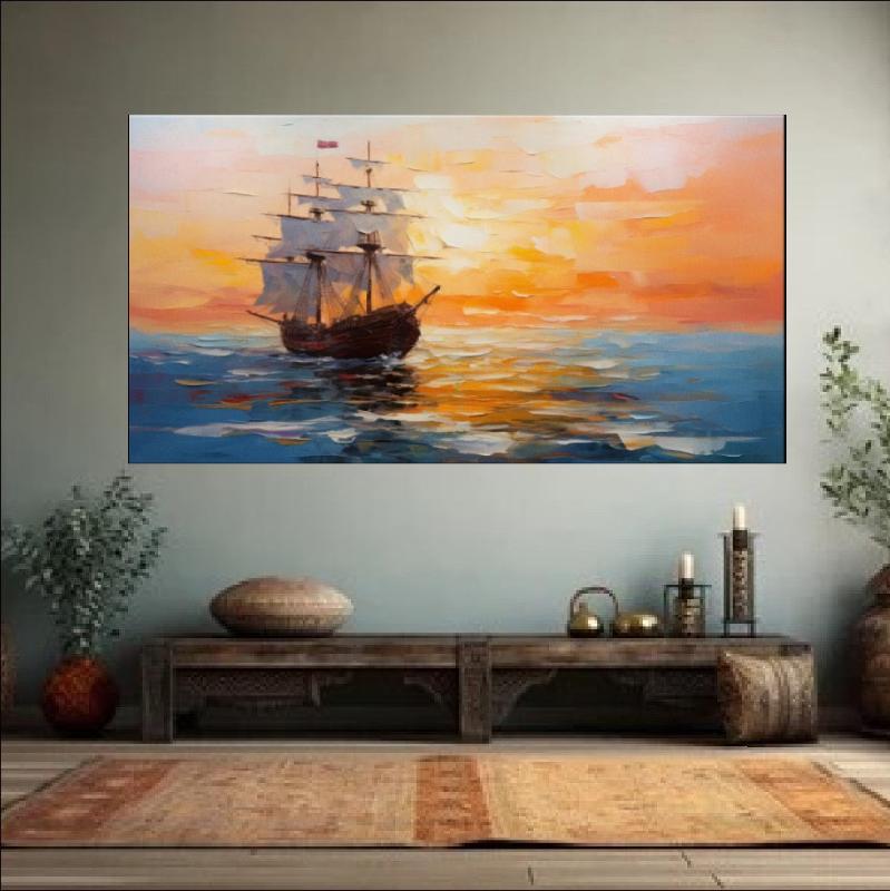 Sailing ship gliding through the ocean at sunset, painted in warm golden and deep blue hues; a maritime journey artwork capturing peace and adventure.