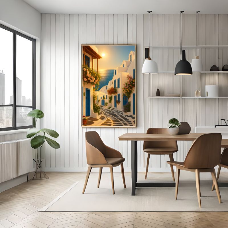 Whitewashed Cycladic houses in Oia, Santorini Painting – Greek island architecture wall art in Mediterranean style