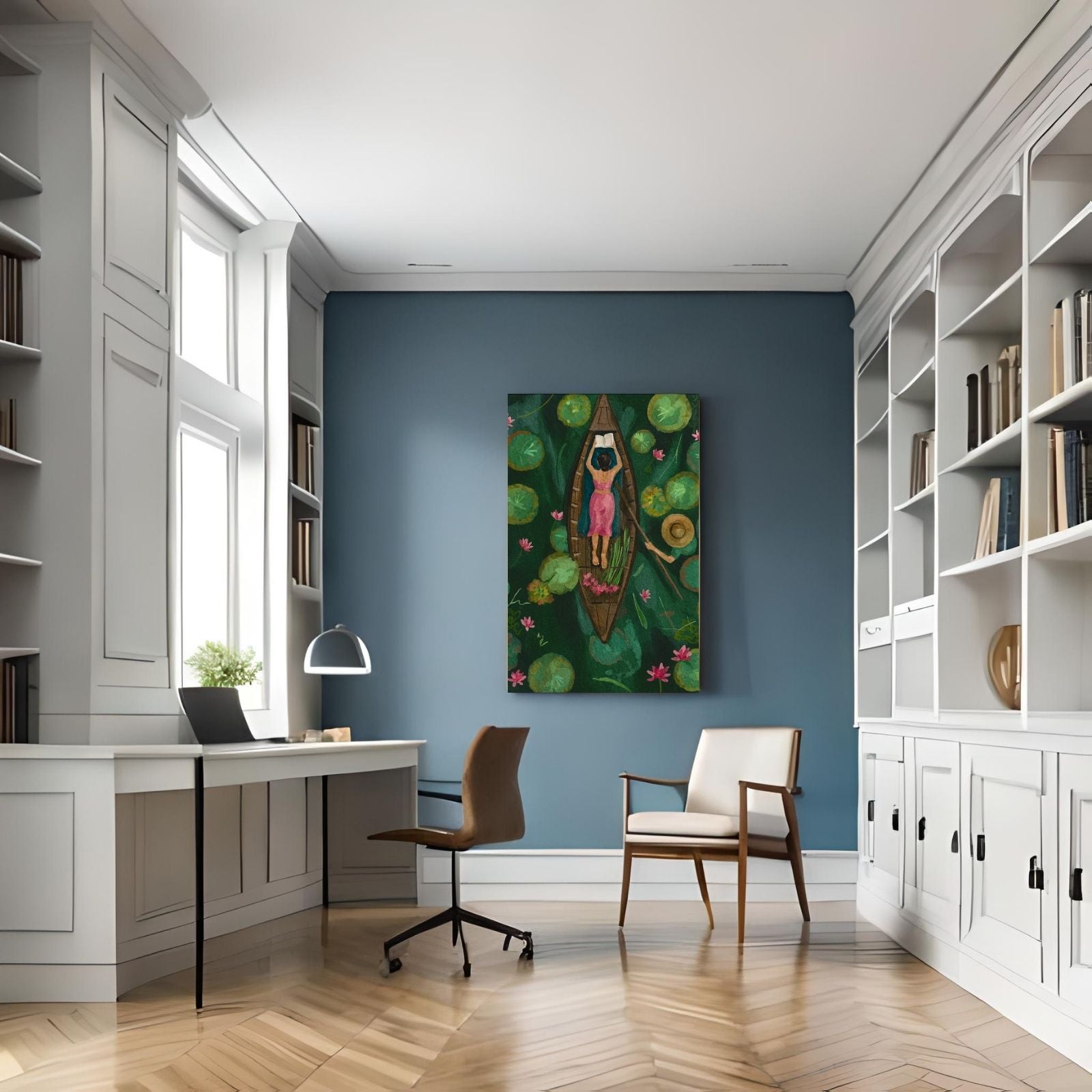 An aerial view watercolor painting of a woman in a pink dress reading a book in a wooden boat, surrounded by green lily pads and pink lotus flowers.