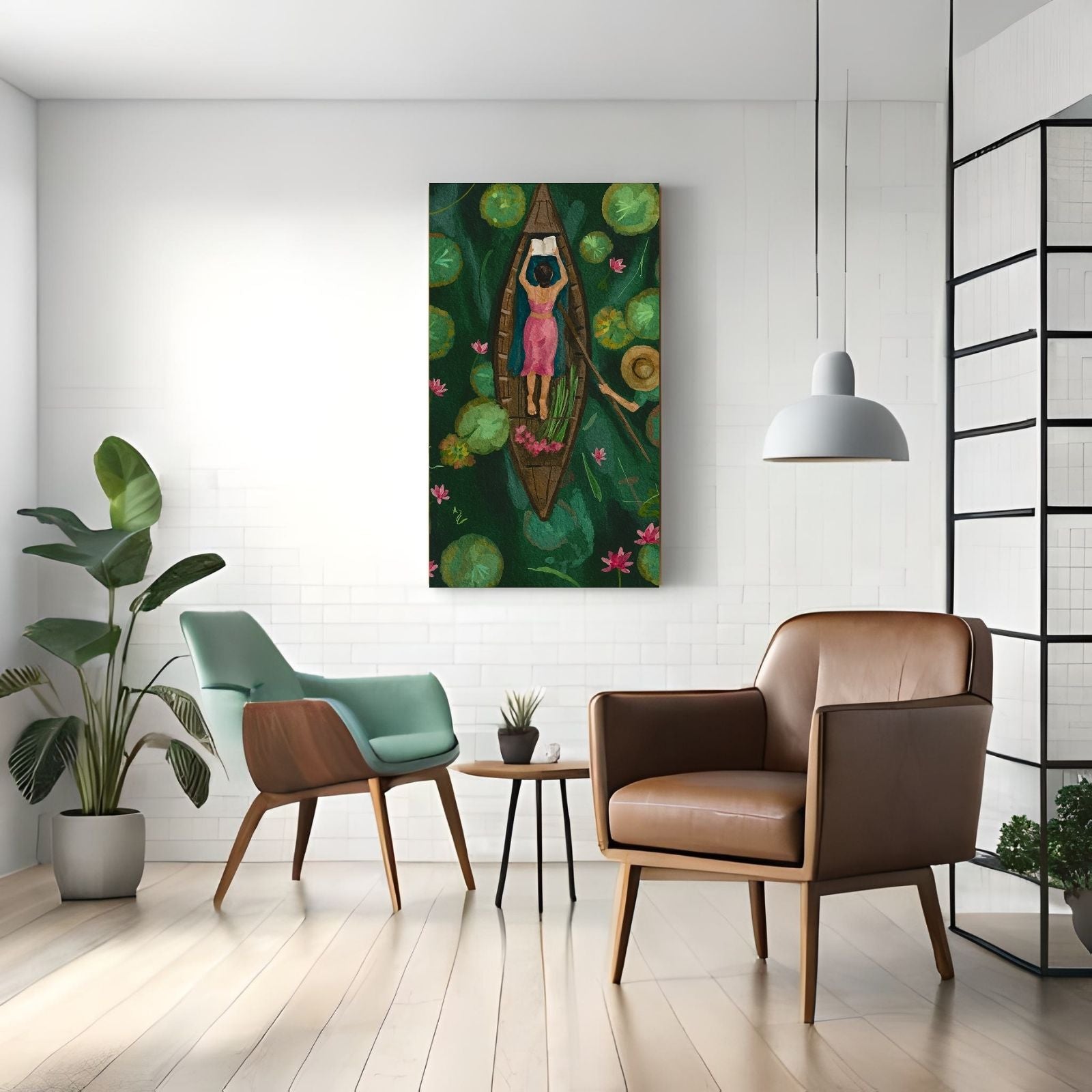 An aerial view watercolor painting of a woman in a pink dress reading a book in a wooden boat, surrounded by green lily pads and pink lotus flowers.