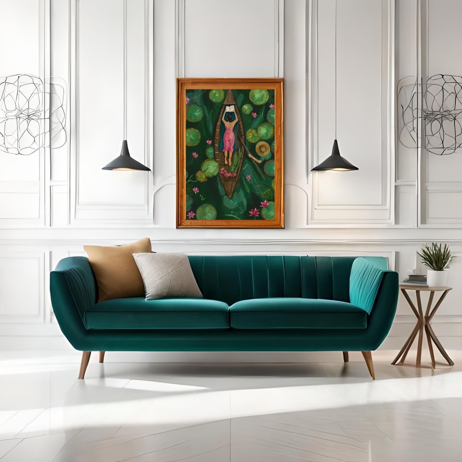 An aerial view watercolor painting of a woman in a pink dress reading a book in a wooden boat, surrounded by green lily pads and pink lotus flowers.