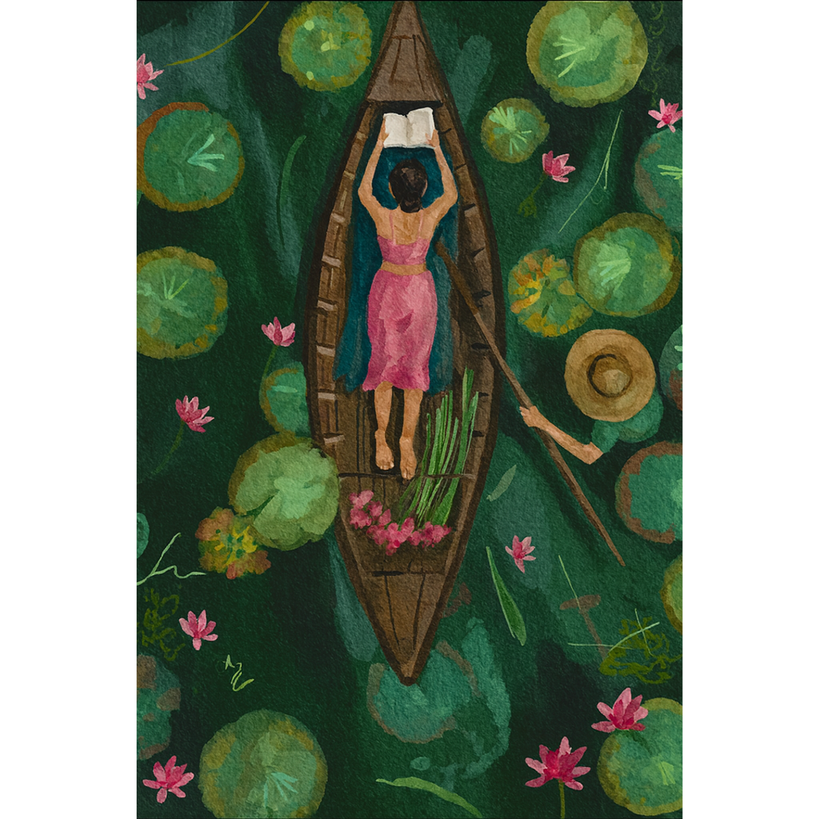 An aerial view watercolor painting of a woman in a pink dress reading a book in a wooden boat, surrounded by green lily pads and pink lotus flowers.