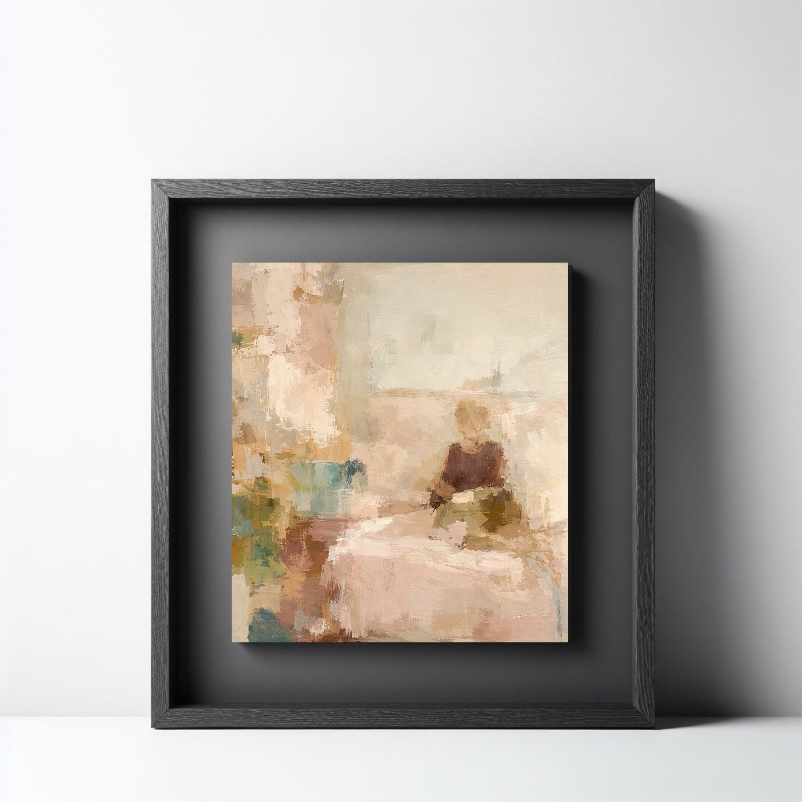 Modern impressionist oil painting of a solitary figure in a sun-filled room, featuring soft textures and a neutral palette of beige, pink, and muted green.