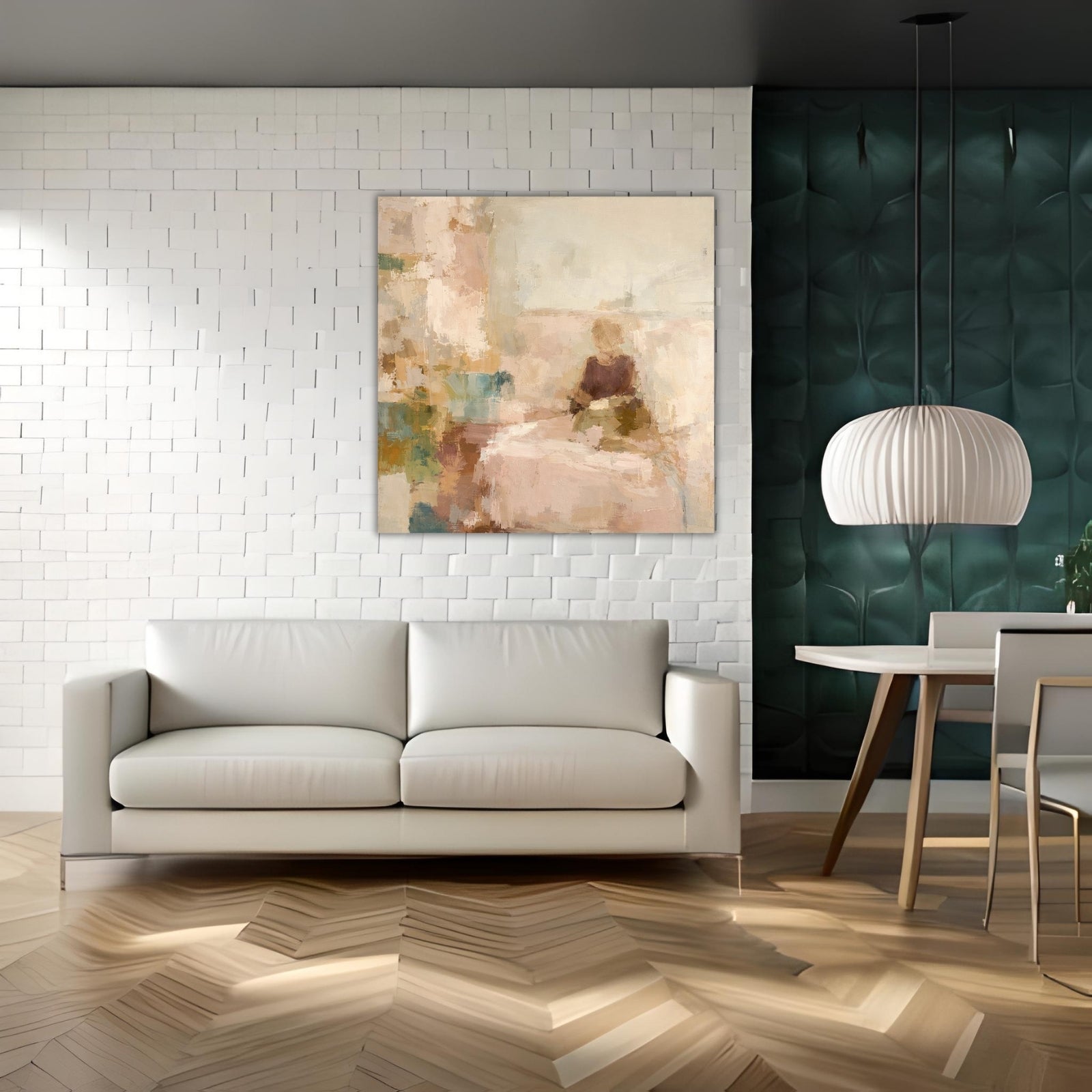 Modern impressionist oil painting of a solitary figure in a sun-filled room, featuring soft textures and a neutral palette of beige, pink, and muted green.