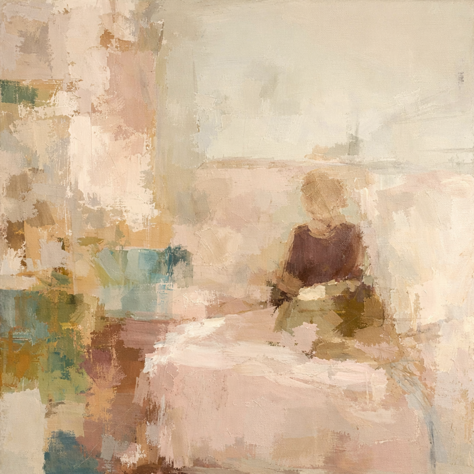 Modern impressionist oil painting of a solitary figure in a sun-filled room, featuring soft textures and a neutral palette of beige, pink, and muted green.