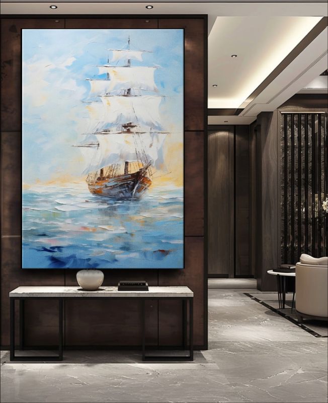 Sailing ship on calm ocean waters, serene nautical wall art for coastal and ocean-themed decor.