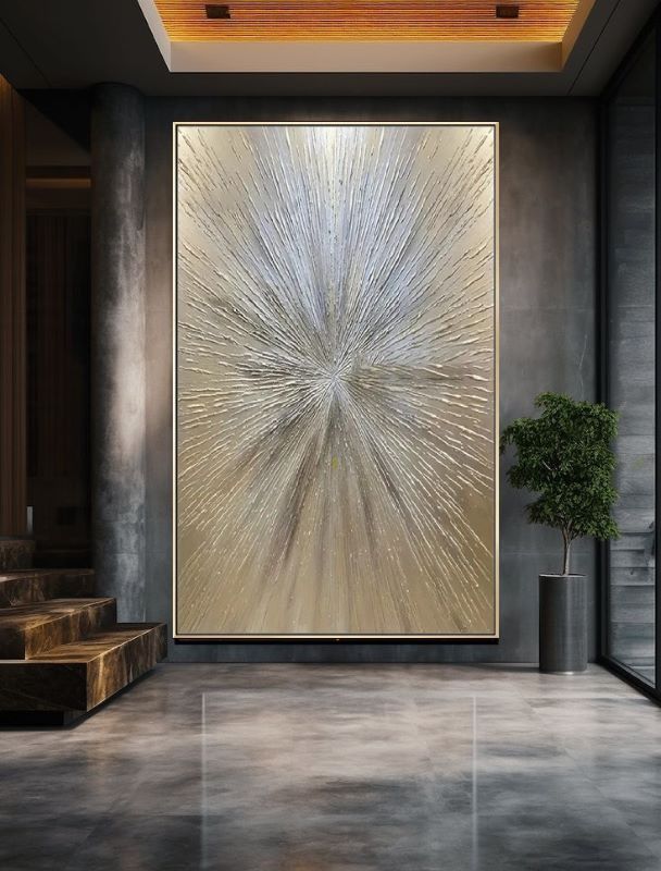 Decorative wall art with a starburst design in a modern interior setting.