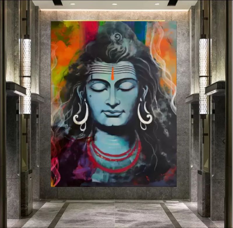 Vibrant portrait painting of Lord Shiva with blue skin, closed eyes in meditation, and colorful abstract smoke swirls in the background, spiritual Hindu wall art.