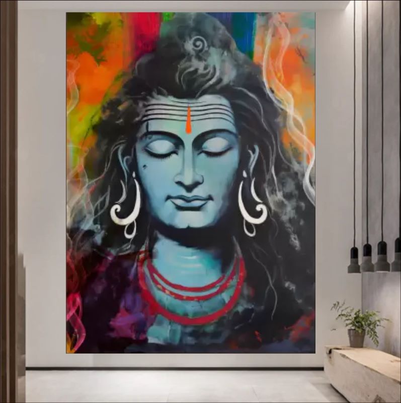 Vibrant portrait painting of Lord Shiva with blue skin, closed eyes in meditation, and colorful abstract smoke swirls in the background, spiritual Hindu wall art.