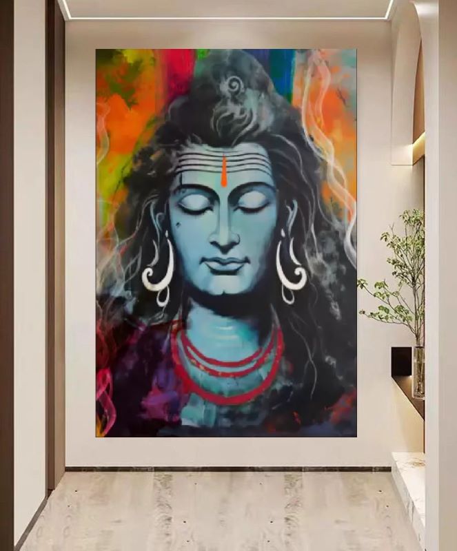 Vibrant portrait painting of Lord Shiva with blue skin, closed eyes in meditation, and colorful abstract smoke swirls in the background, spiritual Hindu wall art.
