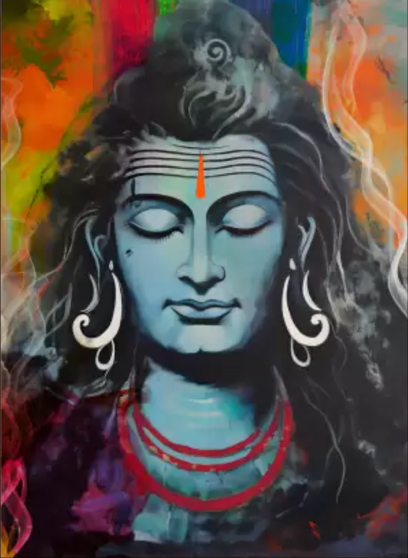Vibrant portrait painting of Lord Shiva with blue skin, closed eyes in meditation, and colorful abstract smoke swirls in the background, spiritual Hindu wall art.