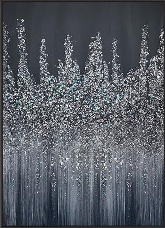 An abstract painting featuring a silver, glittering skyline against a dark midnight background. The artwork showcases a textured design with cascading metallic accents, evoking a sense of elegance and modernity