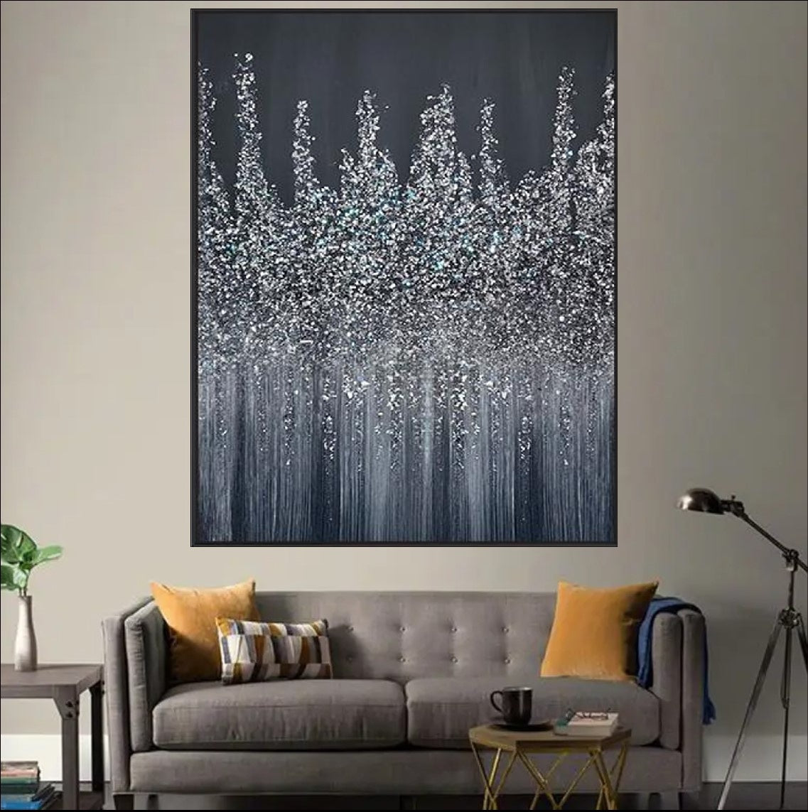 An abstract painting featuring a silver, glittering skyline against a dark midnight background. The artwork showcases a textured design with cascading metallic accents, evoking a sense of elegance and modernity