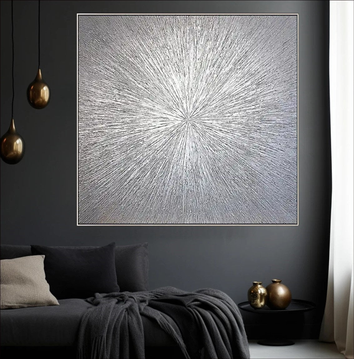 Textured abstract painting featuring a radiant starburst design with raised lines in metallic silver and grey tones, modern luxury wall art style.