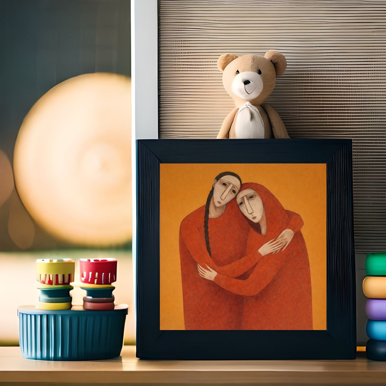 A modern figurative painting featuring two women with long faces and stylized features, wearing red garments and embracing against an orange background.