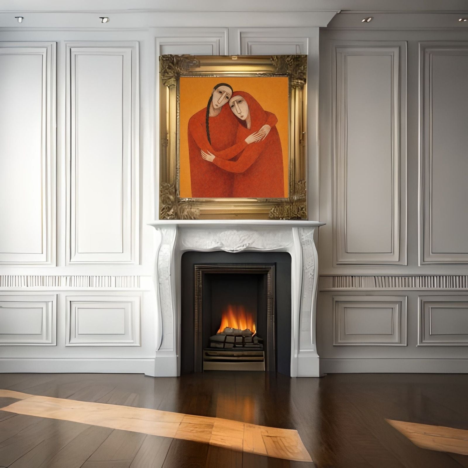 A modern figurative painting featuring two women with long faces and stylized features, wearing red garments and embracing against an orange background.