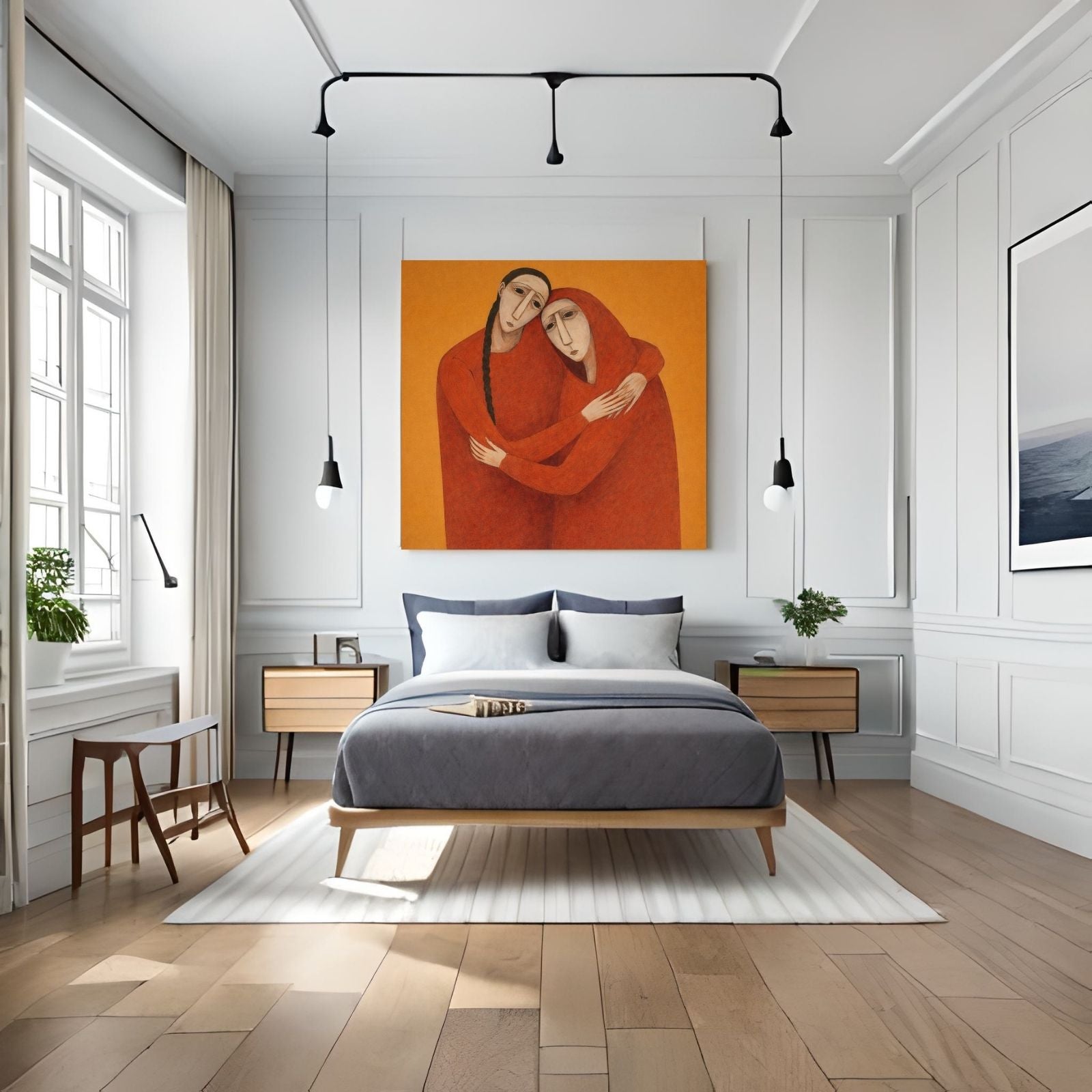 A modern figurative painting featuring two women with long faces and stylized features, wearing red garments and embracing against an orange background.